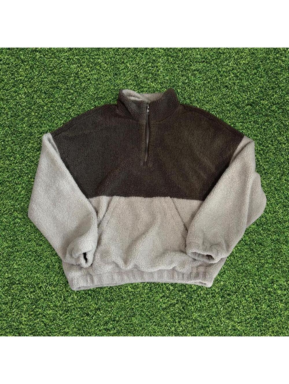 Zara Grey Beige Color Block Quarter Zip Fleece Jumper Heavyweight